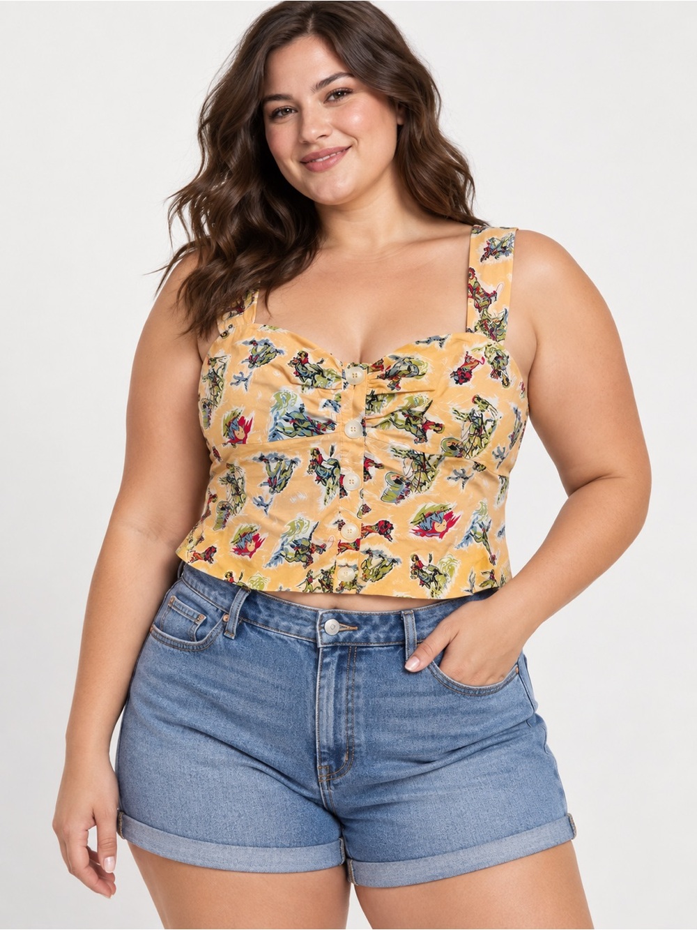 ModCloth Plus Size 18W Tropical Hawaiian Print Button-Front Crop Top
